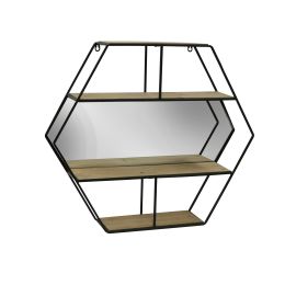 Metal 24" Hexagon Wall Shelf W/ Mirror, Brown