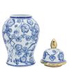 14" Temple Jar W/ Hibiscus, Blue & White