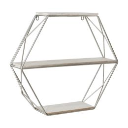 Metal/wood 3 Tier Hexagon Wall Shelf, White/silver